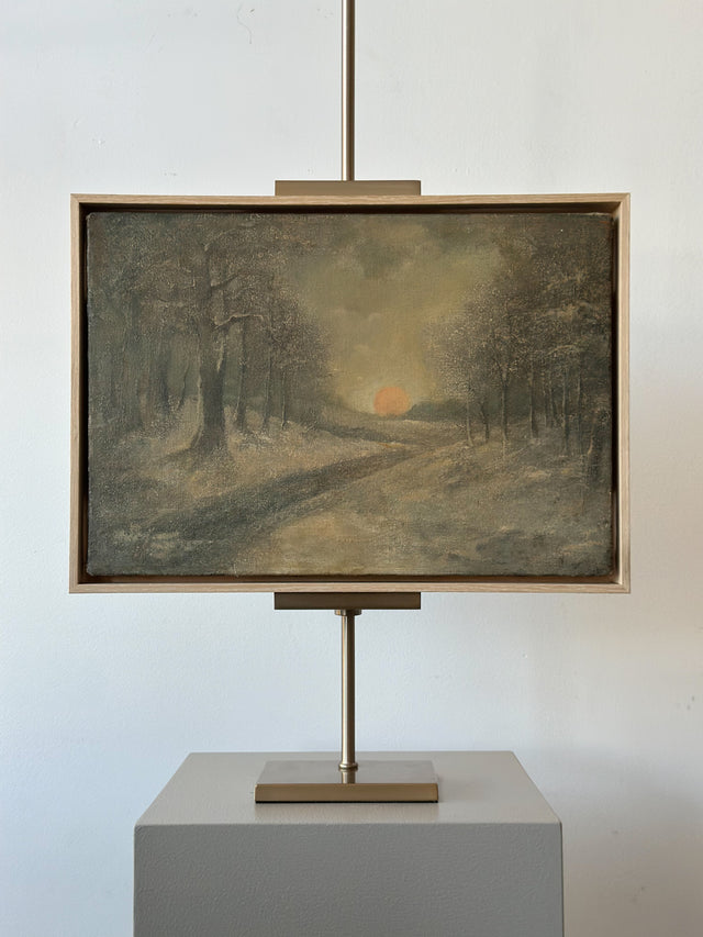 Early 20th Century Forest Creek Sunset Scene Painting in Custom Frame