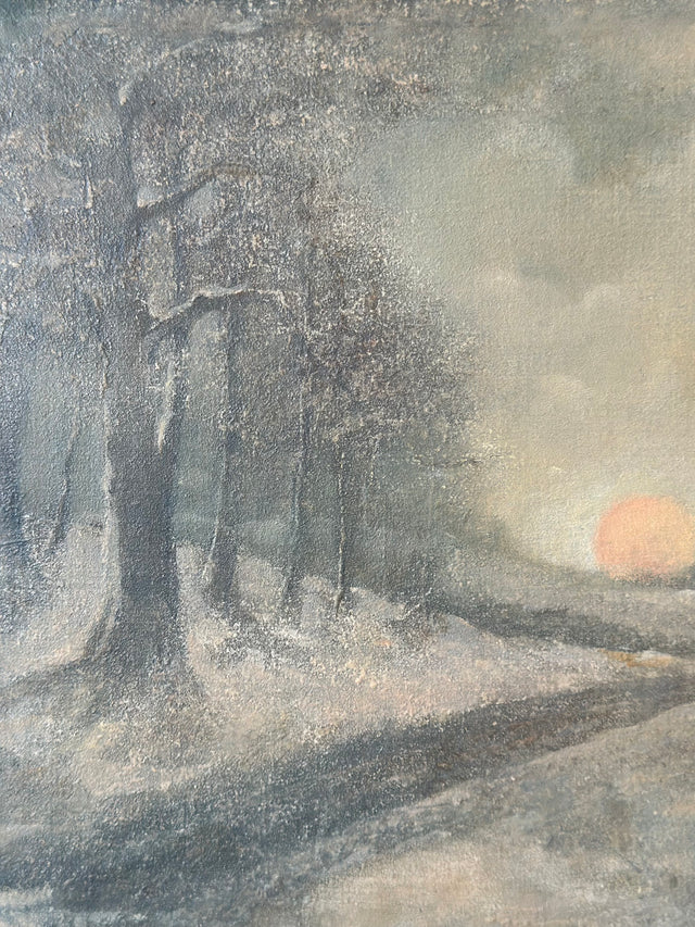 Early 20th Century Forest Creek Sunset Scene Painting in Custom Frame