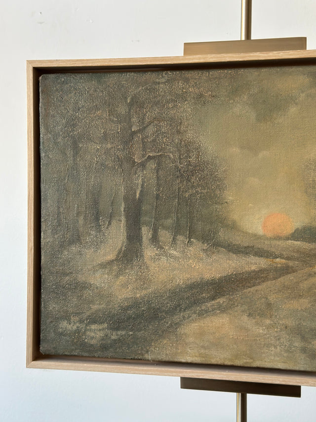 Early 20th Century Forest Creek Sunset Scene Painting in Custom Frame