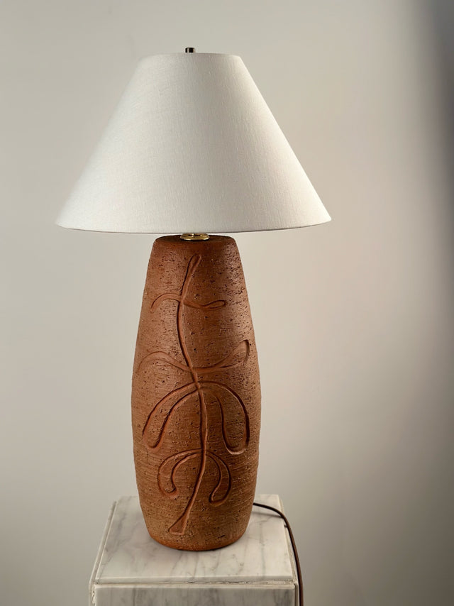 Mid-Century Carved Terracotta Pottery Lamp