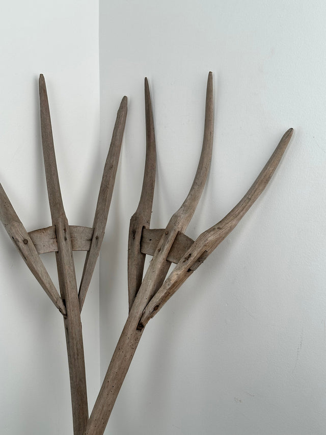 Pair of 19th Century Hay Forks With Three Prongs in Sun Bleached Wood