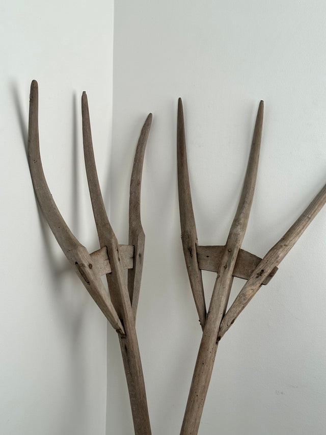 Pair of 19th Century Hay Forks With Three Prongs in Sun Bleached Wood