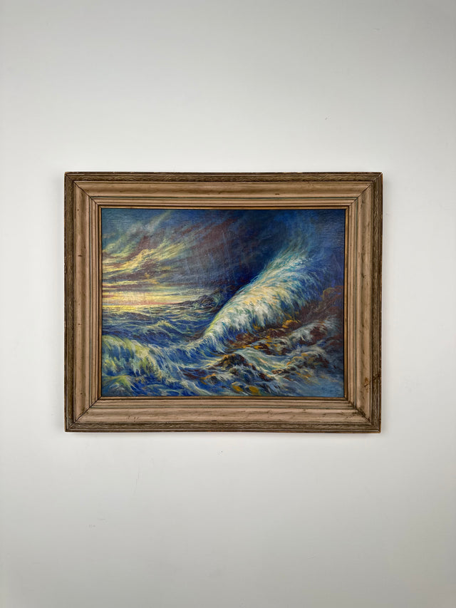 Vintage Seascape Oil on Board of Stormy Waves on Rock Pile