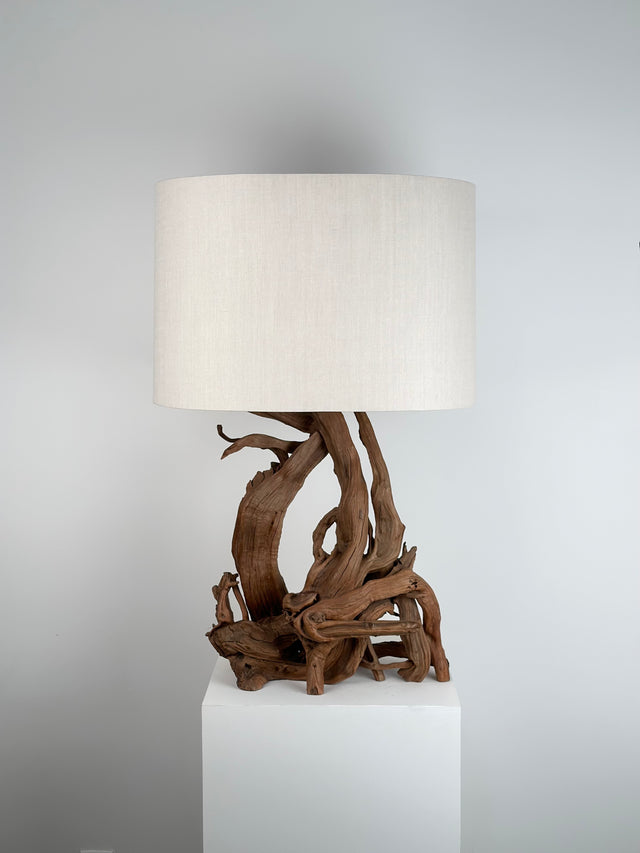 Vintage Root Form Wood Lamp with New Custom Linen Shade