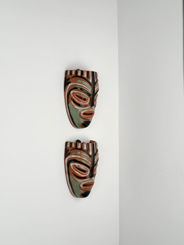 Pair of 1940s Ceramic Tiki Mask Sconce Lights