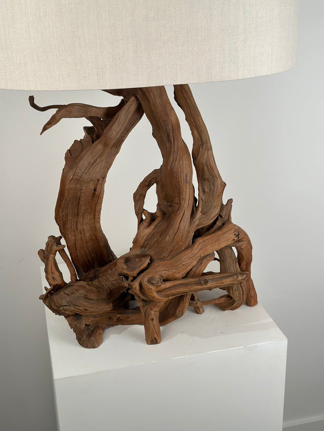 Vintage Root Form Wood Lamp with New Custom Linen Shade