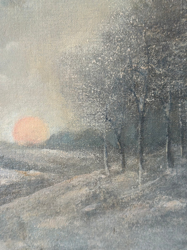 Early 20th Century Forest Creek Sunset Scene Painting in Custom Frame