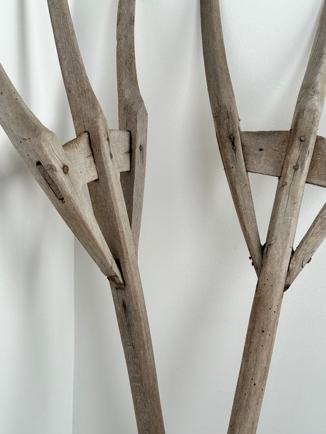 Pair of 19th Century Hay Forks With Three Prongs in Sun Bleached Wood