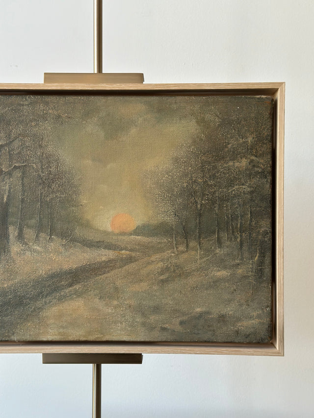 Early 20th Century Forest Creek Sunset Scene Painting in Custom Frame