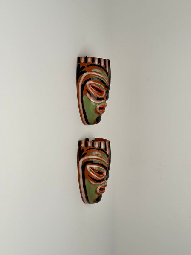 Pair of 1940s Ceramic Tiki Mask Sconce Lights