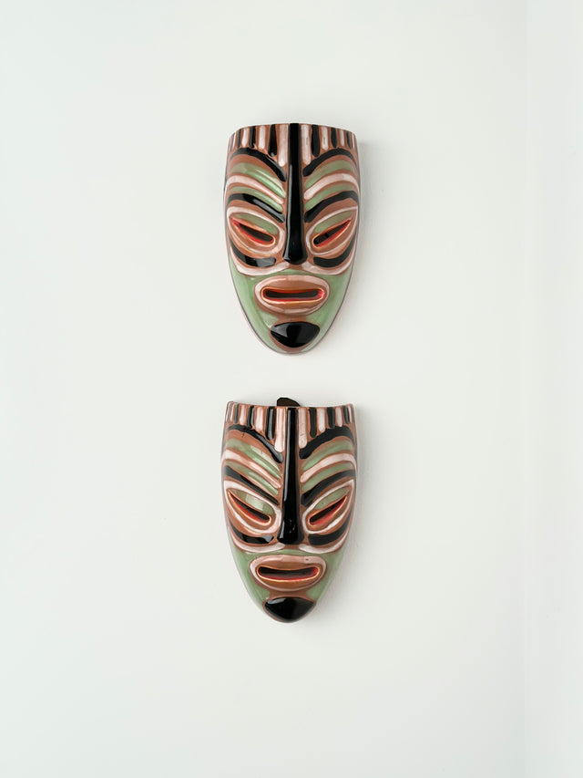 Pair of 1940s Ceramic Tiki Mask Sconce Lights