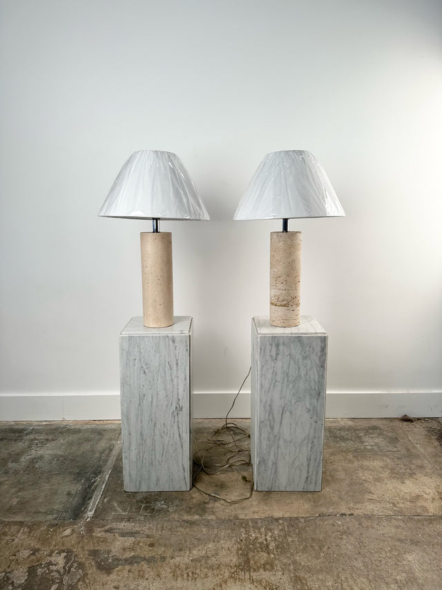 1980s Cylindrical Travertine Lamps with Chrome Hardware (Sold as Pair)