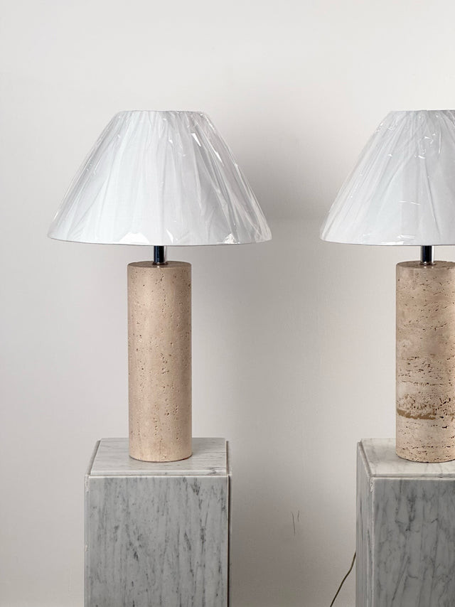 1980s Cylindrical Travertine Lamps with Chrome Hardware (Sold as Pair)