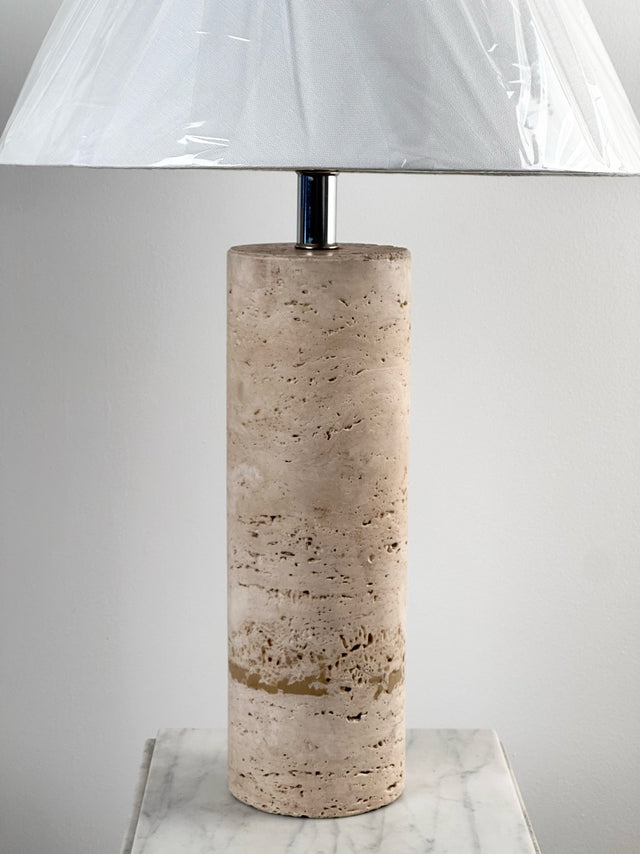 1980s Cylindrical Travertine Lamps with Chrome Hardware (Sold as Pair)