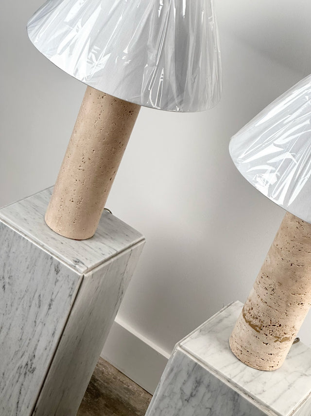 1980s Cylindrical Travertine Lamps with Chrome Hardware (Sold as Pair)