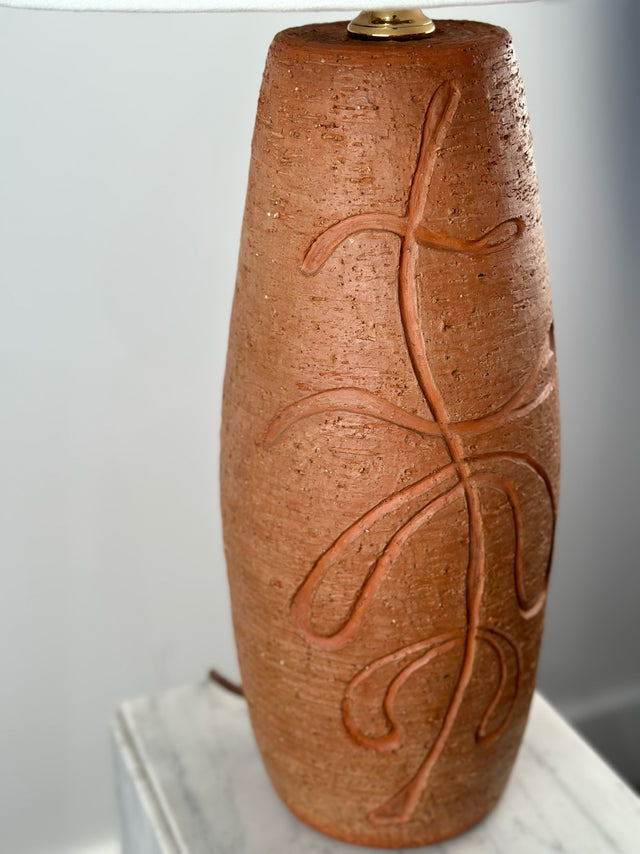 Mid-Century Carved Terracotta Pottery Lamp