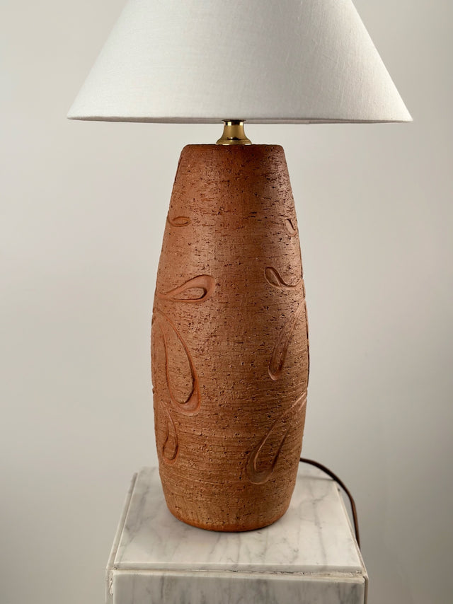 Mid-Century Carved Terracotta Pottery Lamp