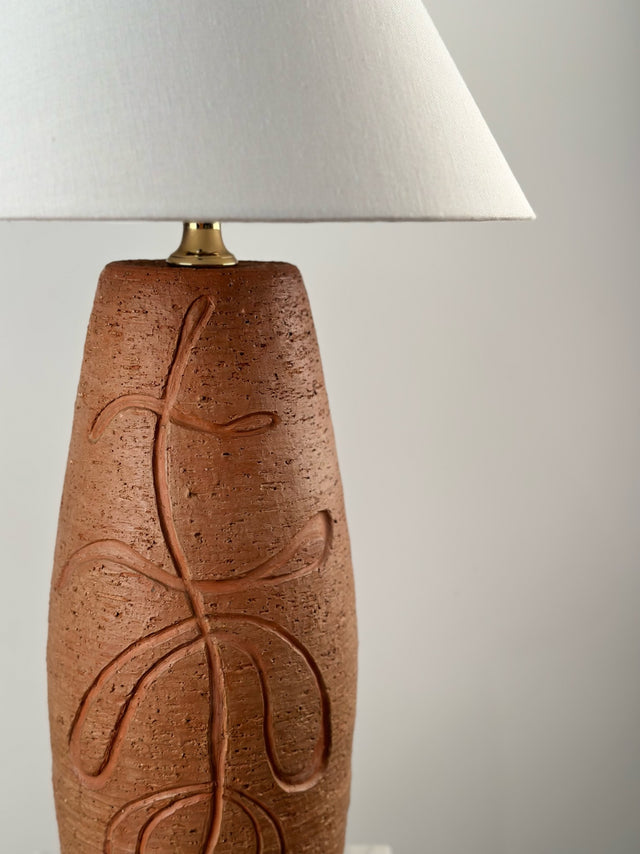 Mid-Century Carved Terracotta Pottery Lamp