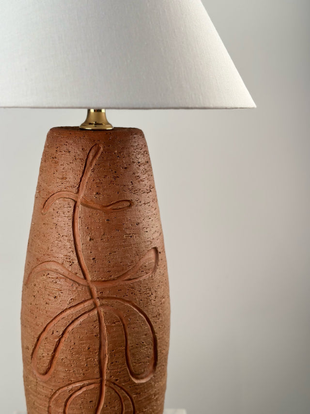 Mid-Century Carved Terracotta Pottery Lamp