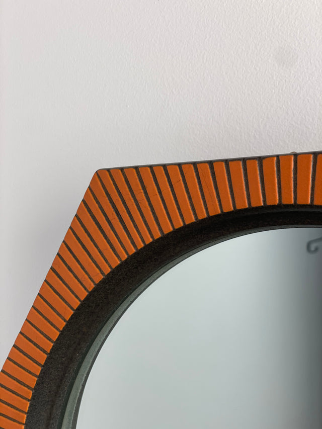 Mid Century modern geometric ceramic pottery mirror in orange