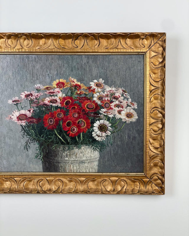 Early 20th century oil painting of wildflowers in galvanized pot framed