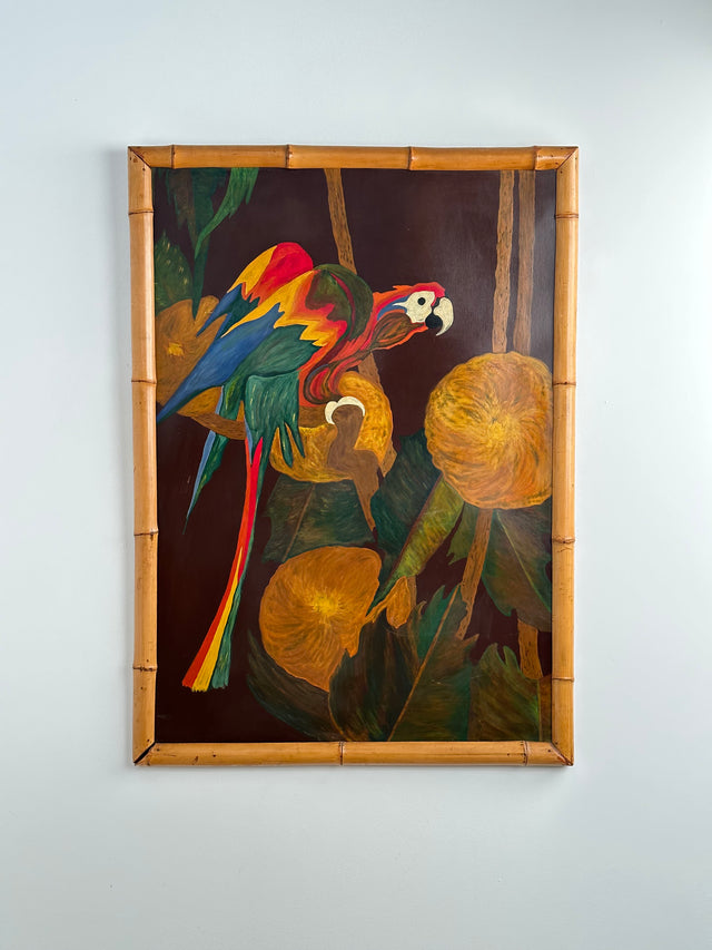 1940s Painting of a Parrot in Vintage Hawaiian Style Original Bamboo Frame