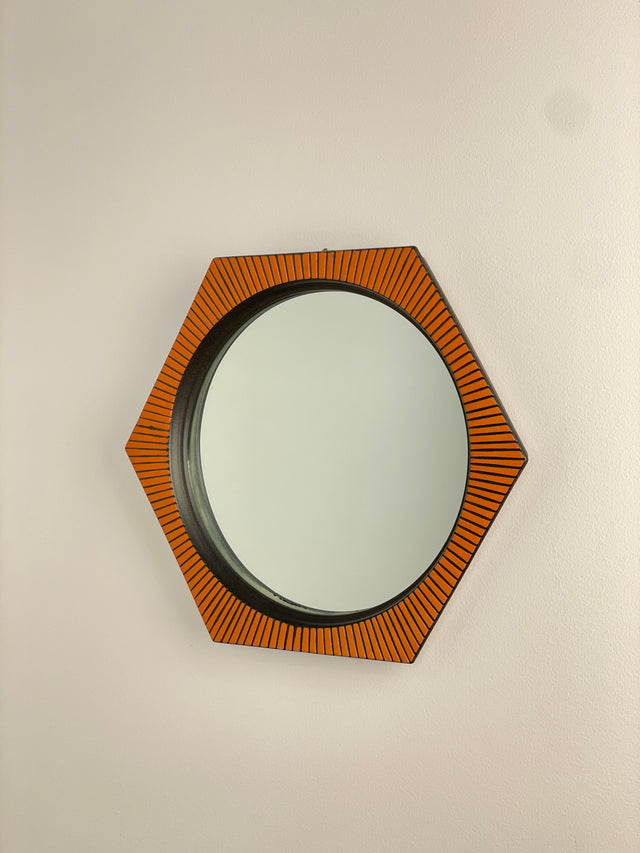 Mid Century modern geometric ceramic pottery mirror in orange