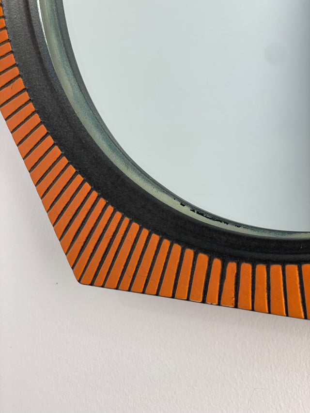 Mid Century modern geometric ceramic pottery mirror in orange