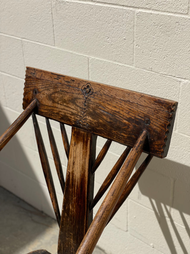 Primitive early English carved wood high back chair