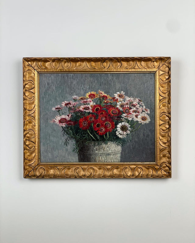 Early 20th century oil painting of wildflowers in galvanized pot framed