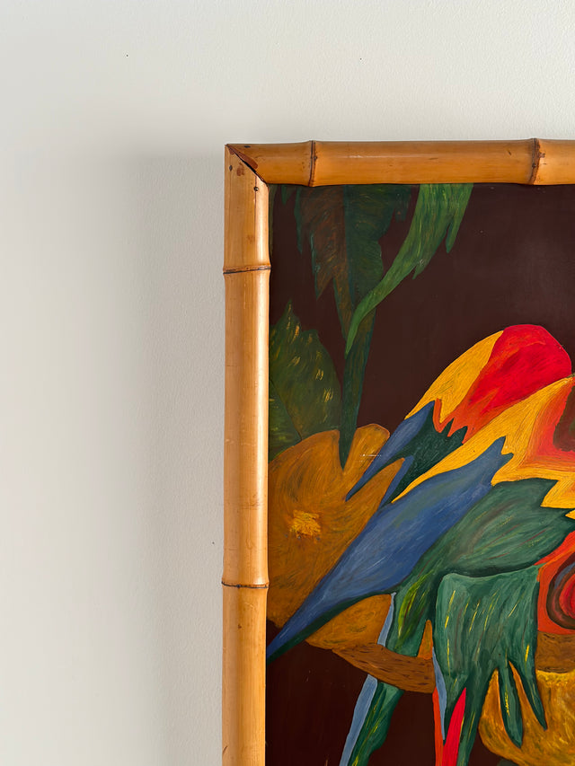 1940s Painting of a Parrot in Vintage Hawaiian Style Original Bamboo Frame