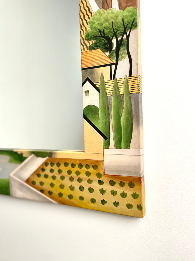 Wall Mirror by Sarreid ltd in painted leather depicting coastal village