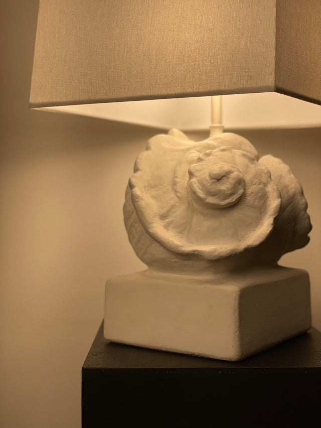 Frances Elkins cast plaster double shell lamp with new linen shade