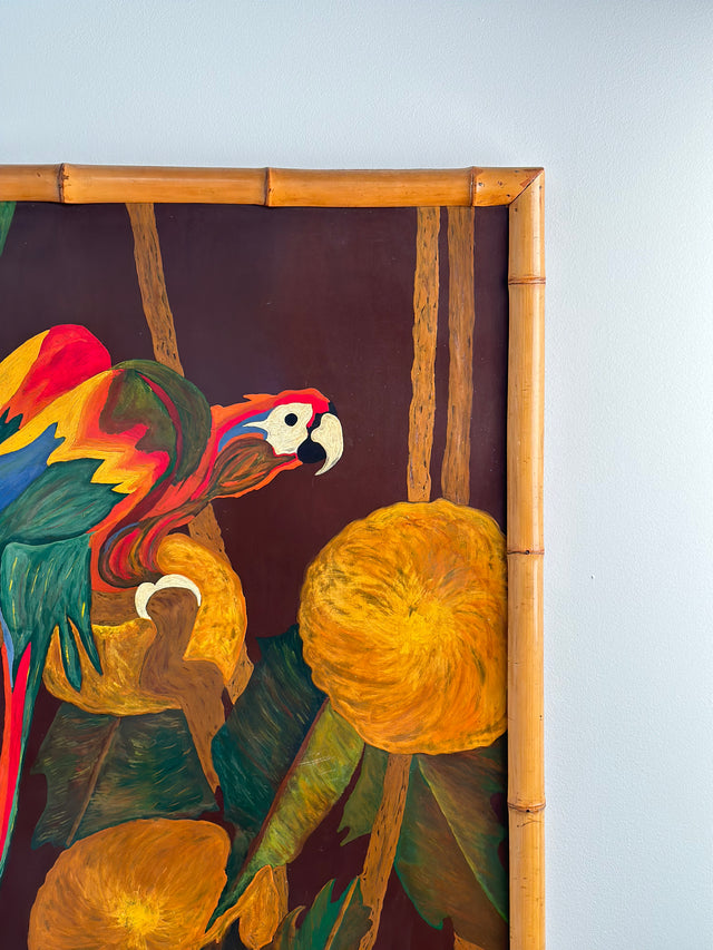 1940s Painting of a Parrot in Vintage Hawaiian Style Original Bamboo Frame