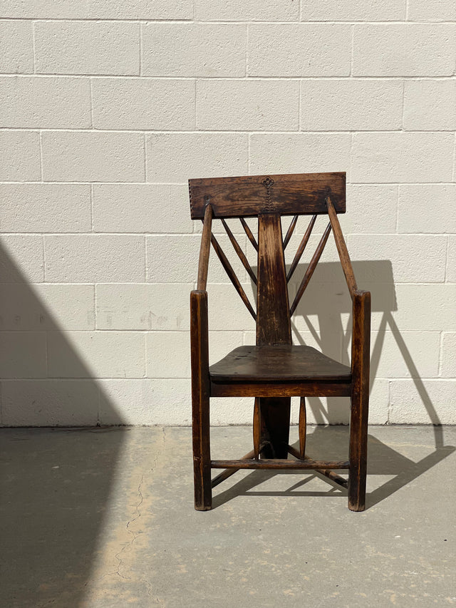 Primitive early English carved wood high back chair