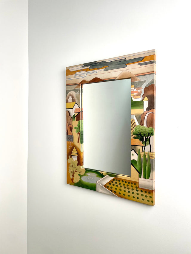 Wall Mirror by Sarreid ltd in painted leather depicting coastal village