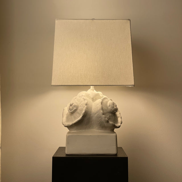 Frances Elkins cast plaster double shell lamp with new linen shade